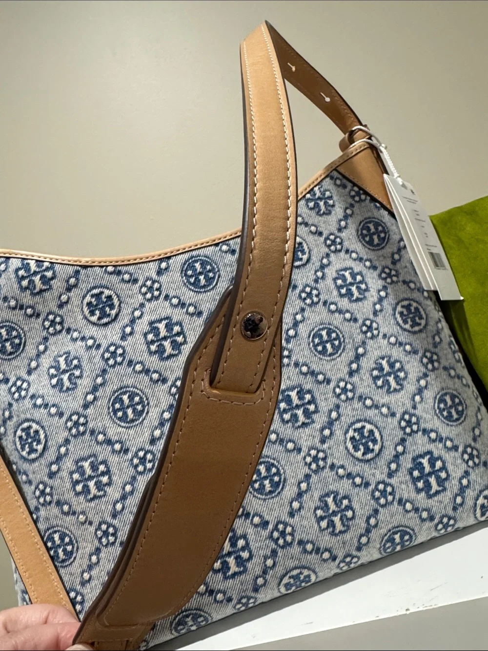 Tory Burch Denim T Monogram Bag with Leather Trim NWT